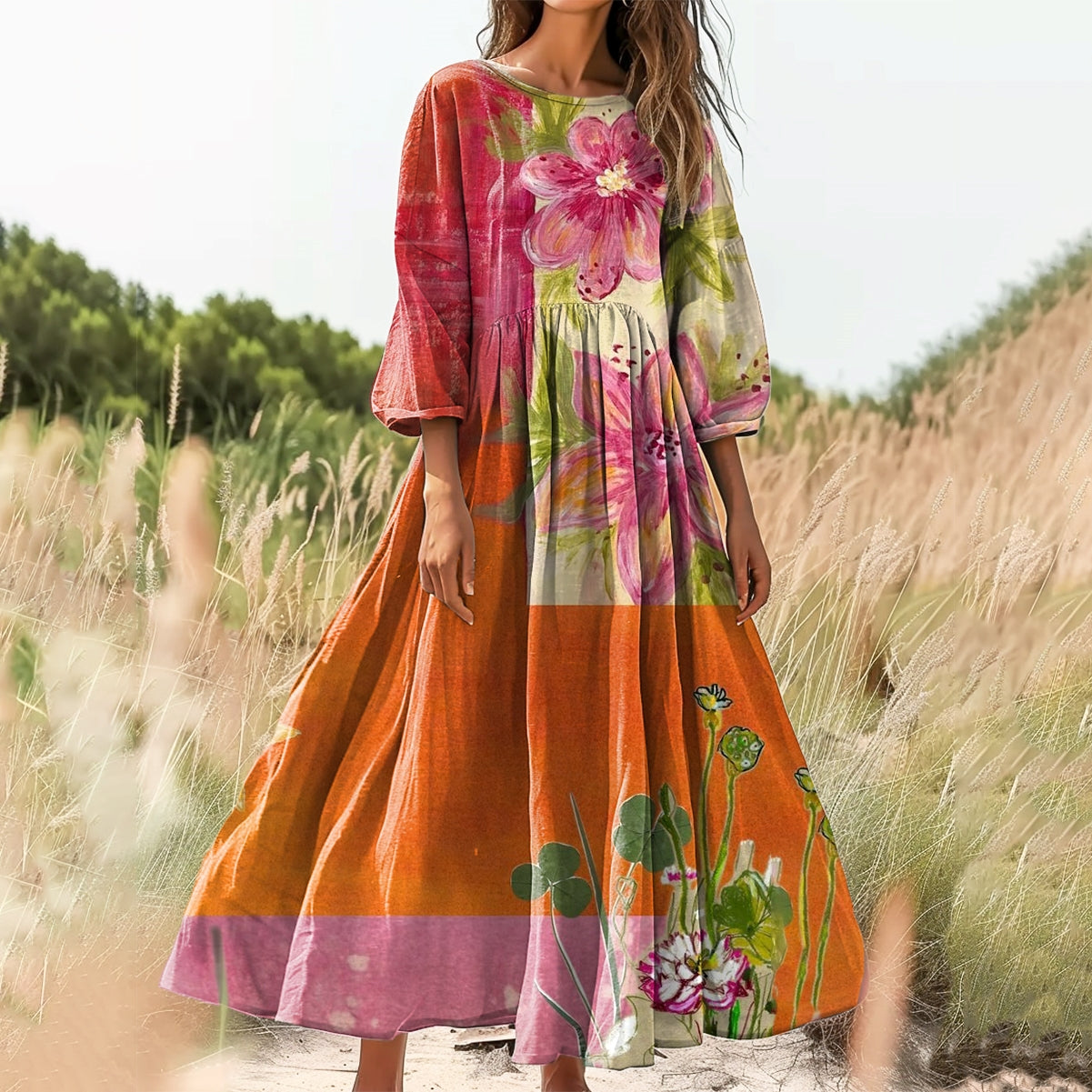 Women's Floral Embellished Pattern Art Print Cotton Crew Neck Dress