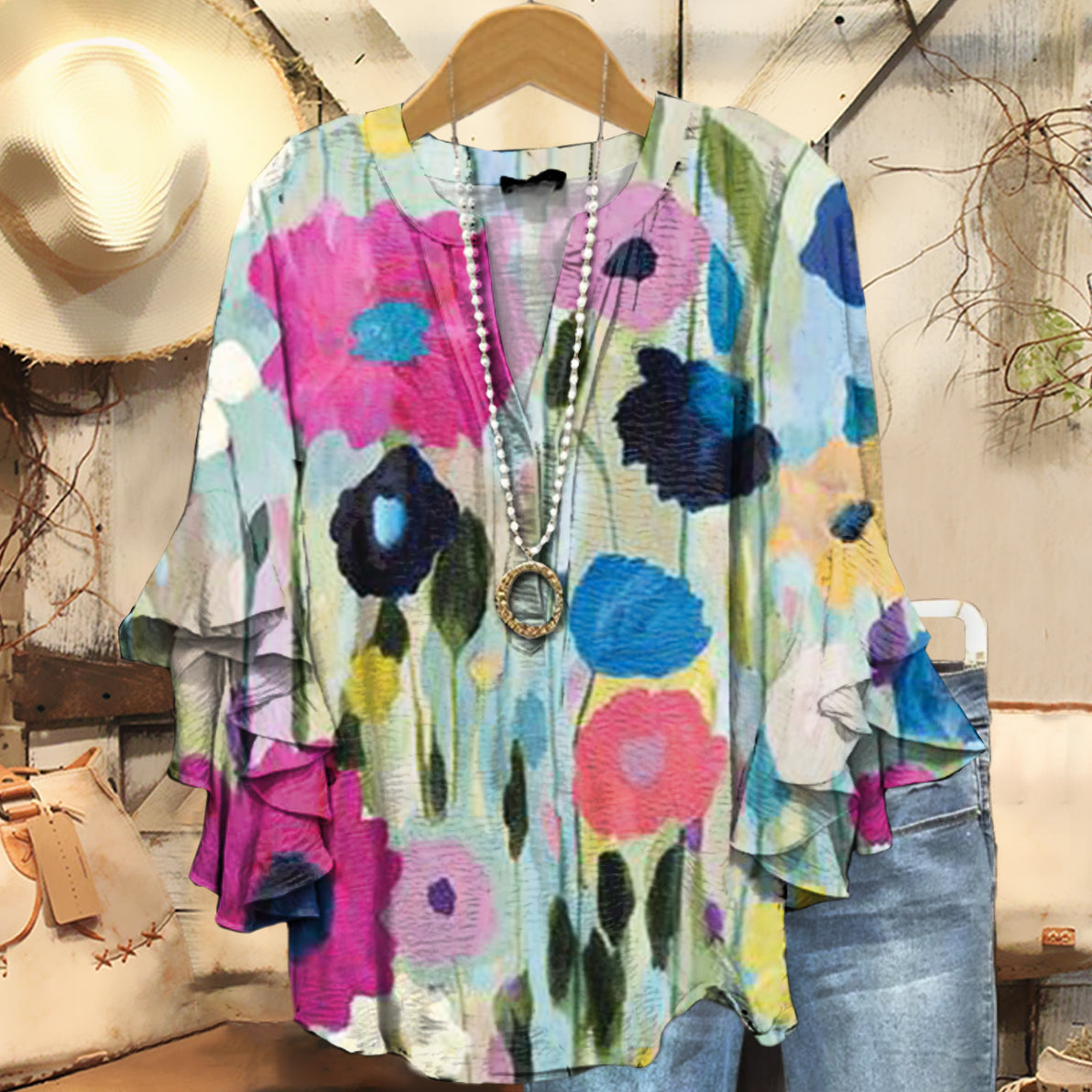 Women's Painting Floral Art Print Casual Cotton And Linen Shirt