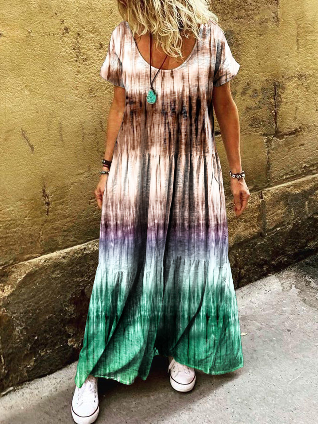 Women's Tie-Dye Art Print Pocket Short Sleeve Cotton Dress