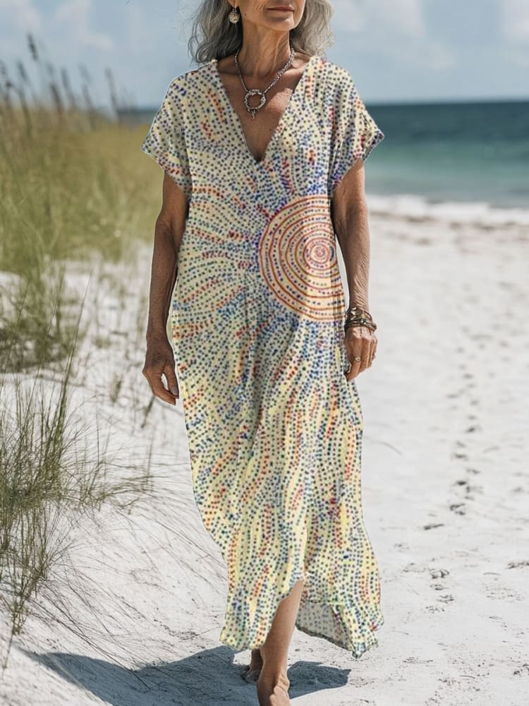 Women's Vintage Art Geometric Print Pocket Cotton Dress