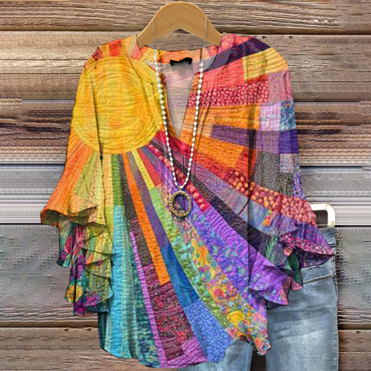 Women's Colorful Sun Collage Art Print Casual Cotton And Linen Shirt