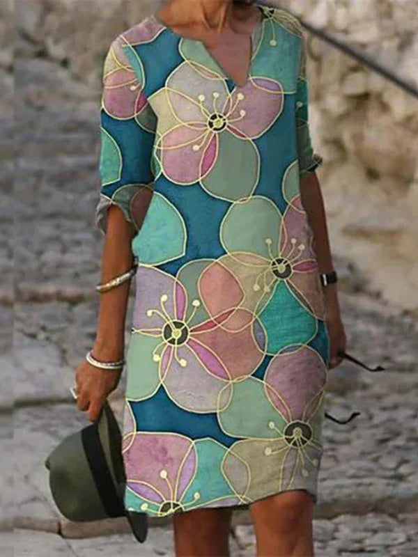 Cream Floral Embroidered V Neck Shift Dress