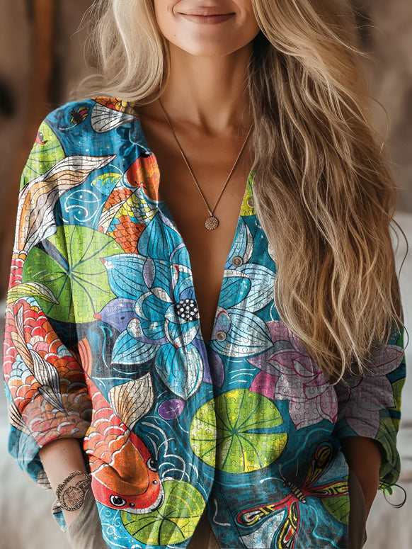 Women's Lotus Koi Lucky Pattern Art Print Casual Cotton Shirt