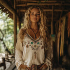 Embroidered Floral V Neck Peasant Top