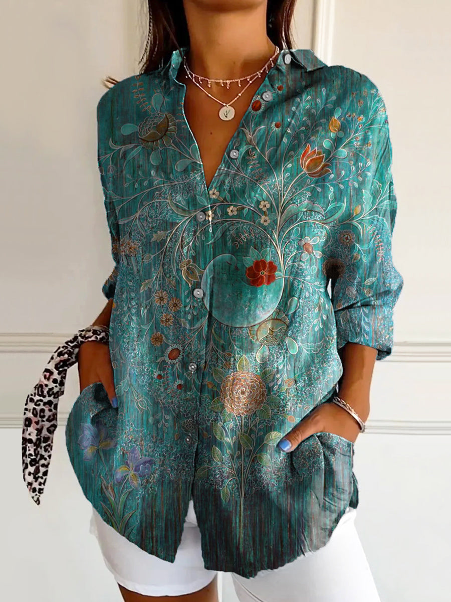 Women's Vintage Floral Art Print Casual Cotton Shirt