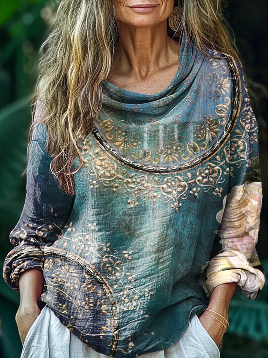 Women's Vintage Ethnic Floral Art Print Casual Long Sleeve Comfortable