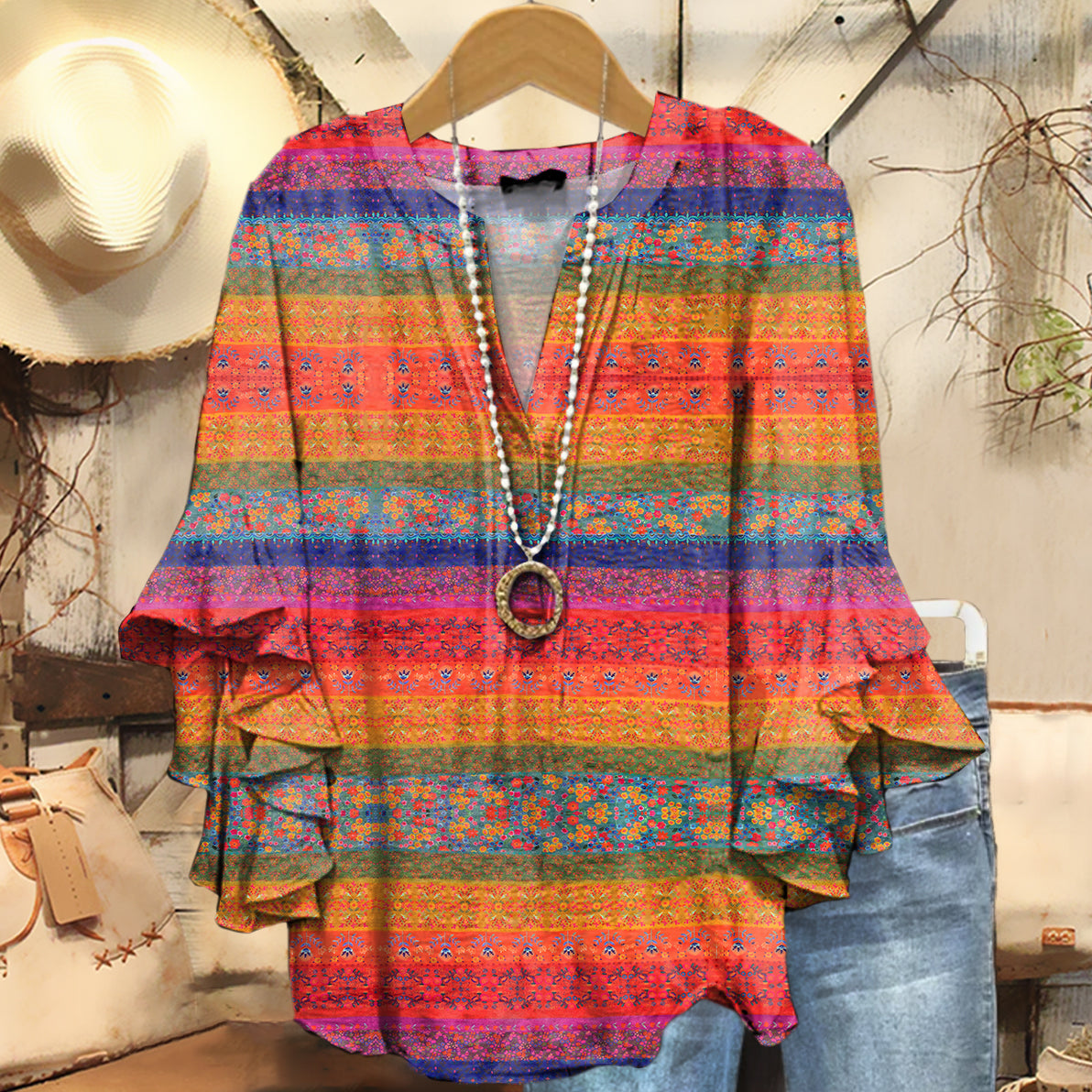 Women's Vintage Floral Art Print Casual Cotton And Linen Shirt