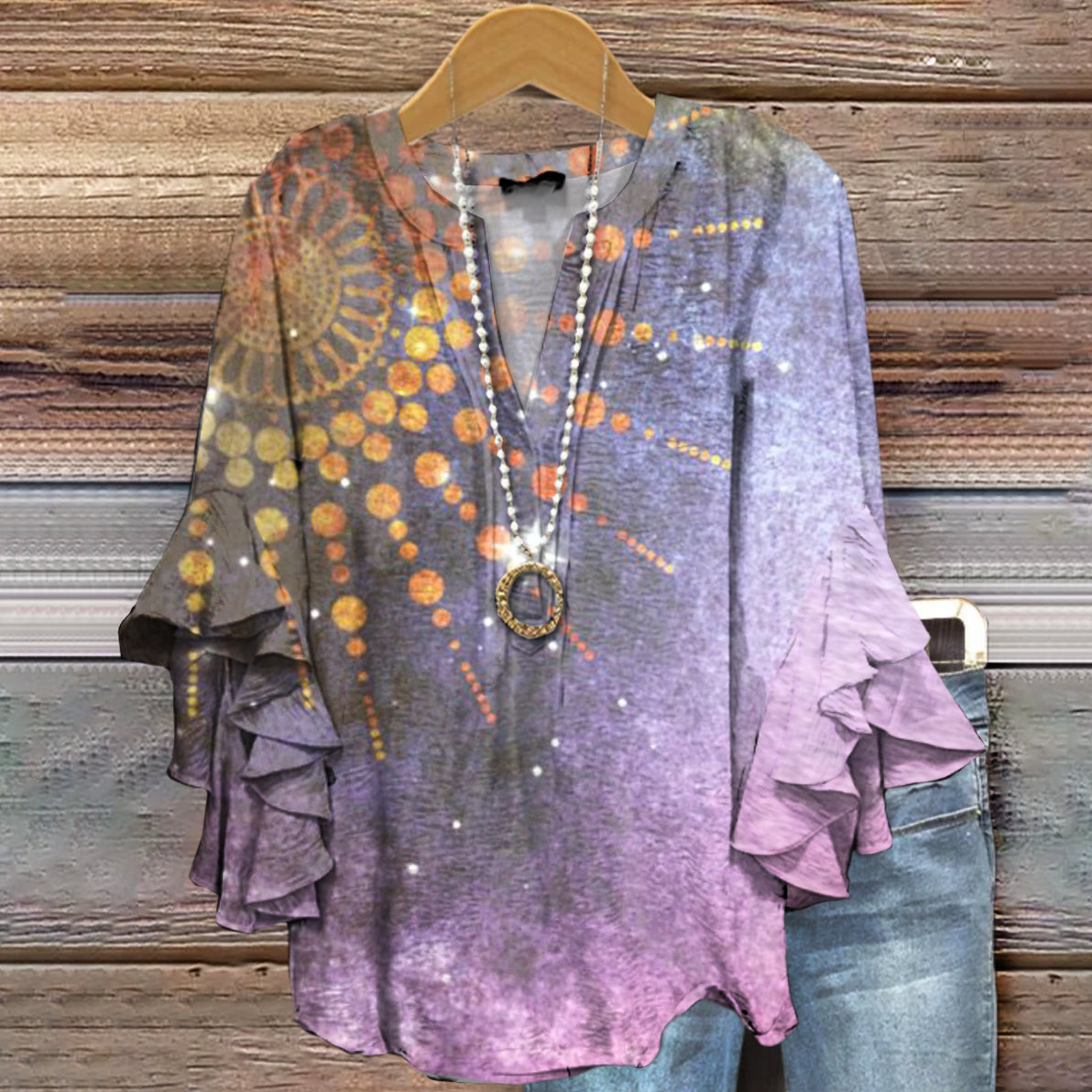 Women's Art Painting Ethnic Style Purple Gradient Print V-Neck Ruffled