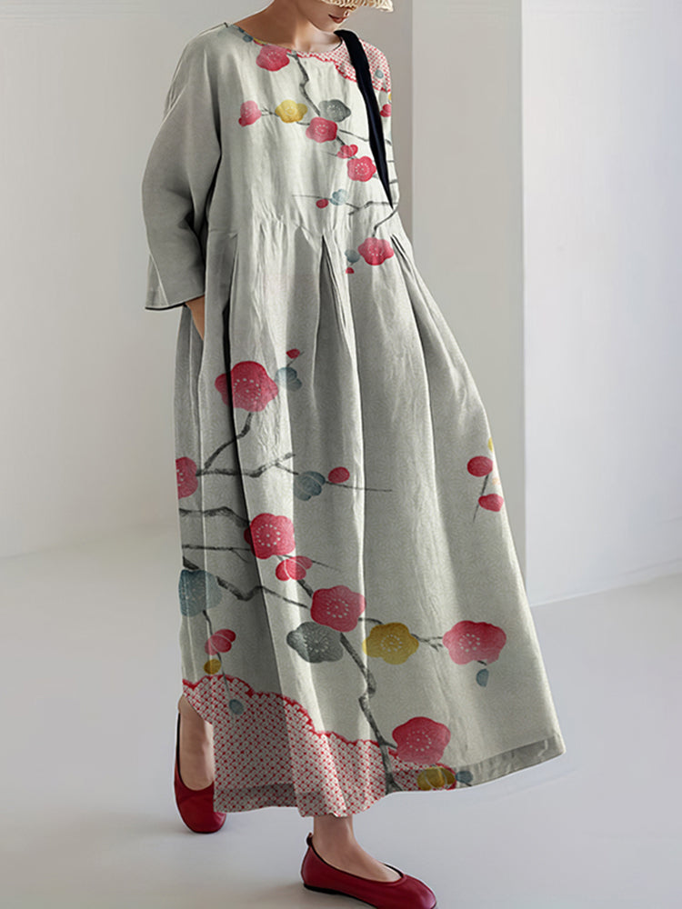 Women Japanese Art Flower Linen Blend Maxi Dress