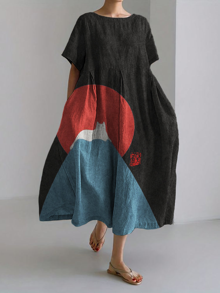White Cat Snow on Mount Fuji Linen Blend Maxi Dress