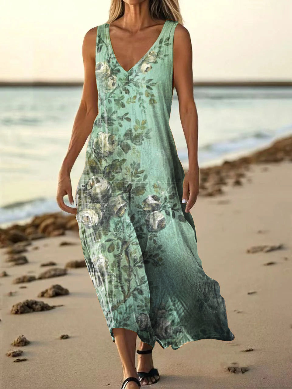 Women's Vintage Floral Art Print Pocket Cotton Dress