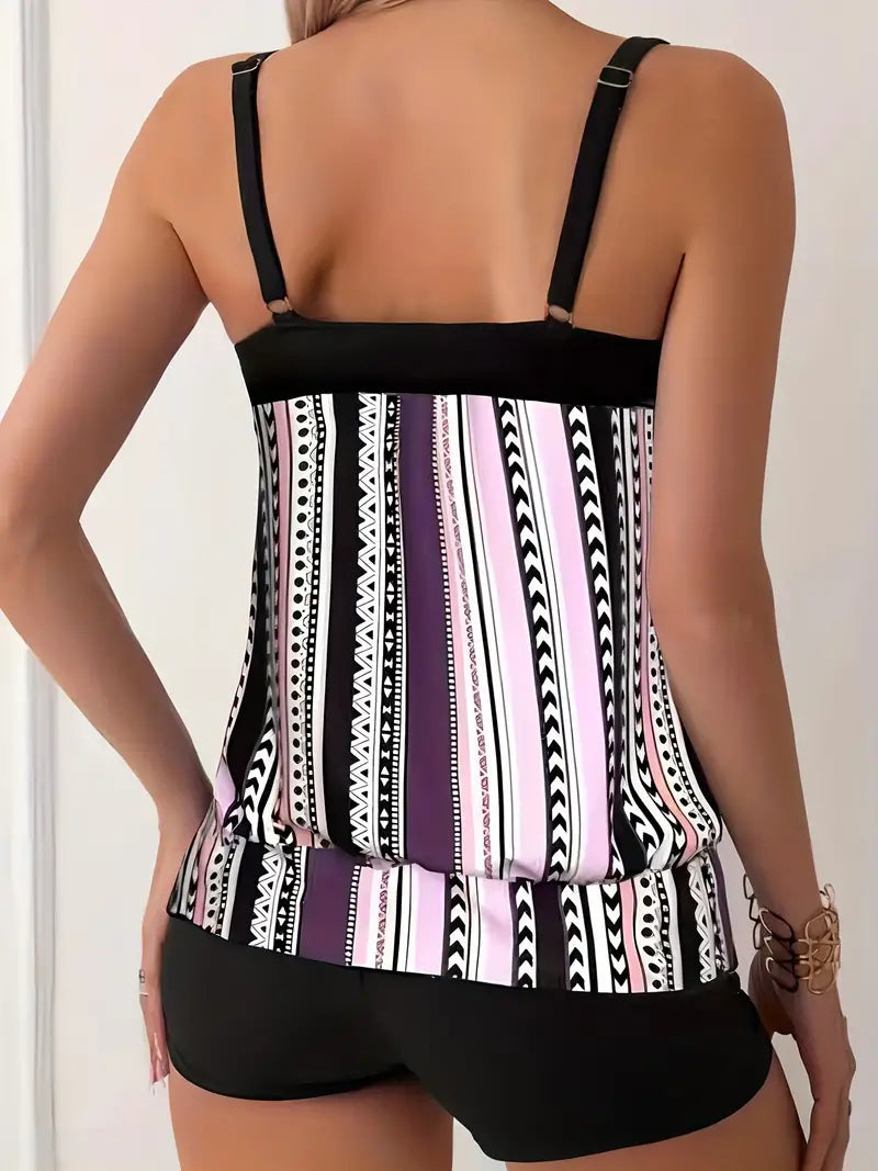 Striped tankini with print