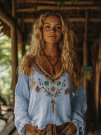 Embroidered Floral V Neck Peasant Top