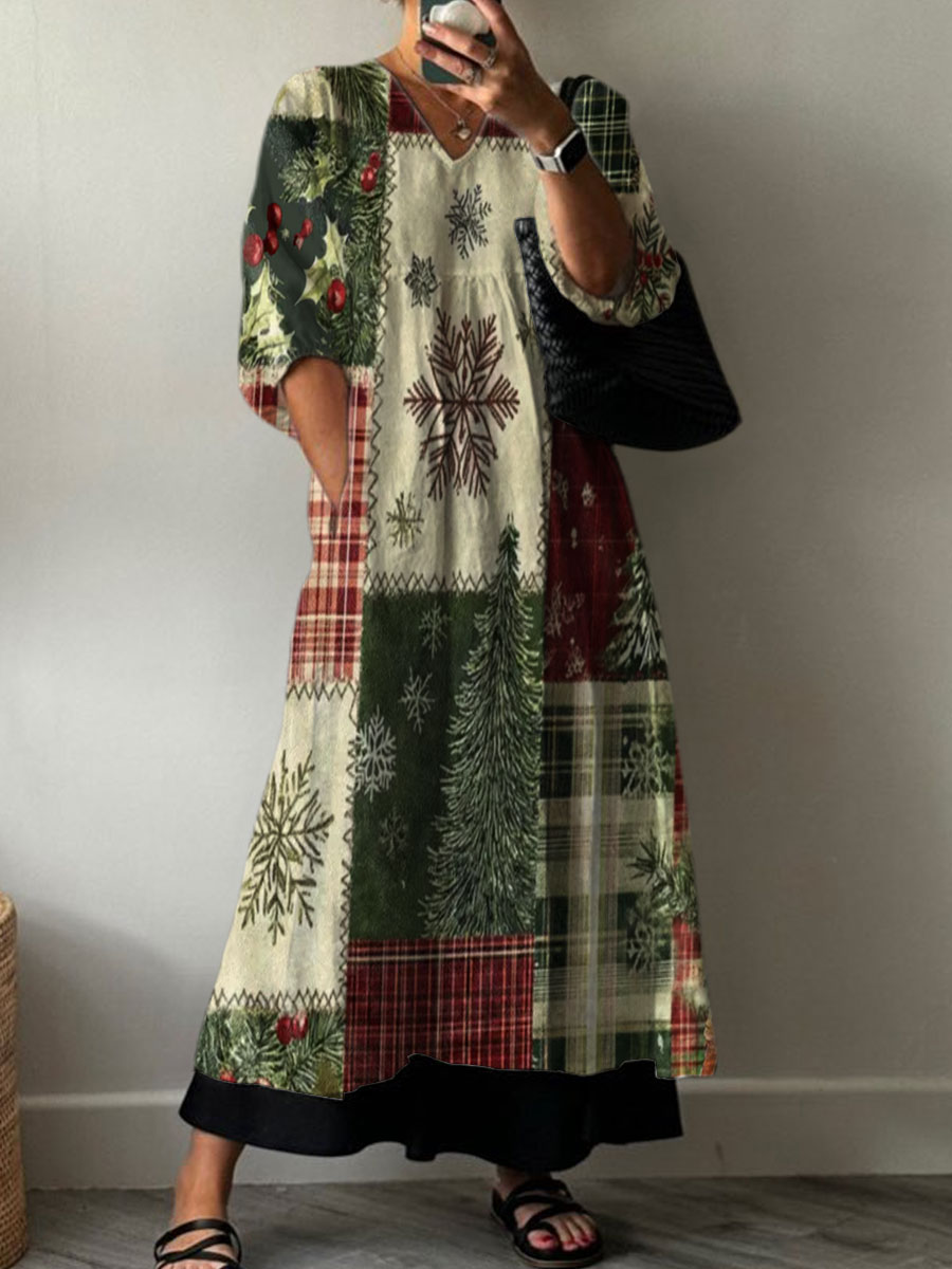 Women'S Christmas Vintage Floral Pattern Cotton Dress