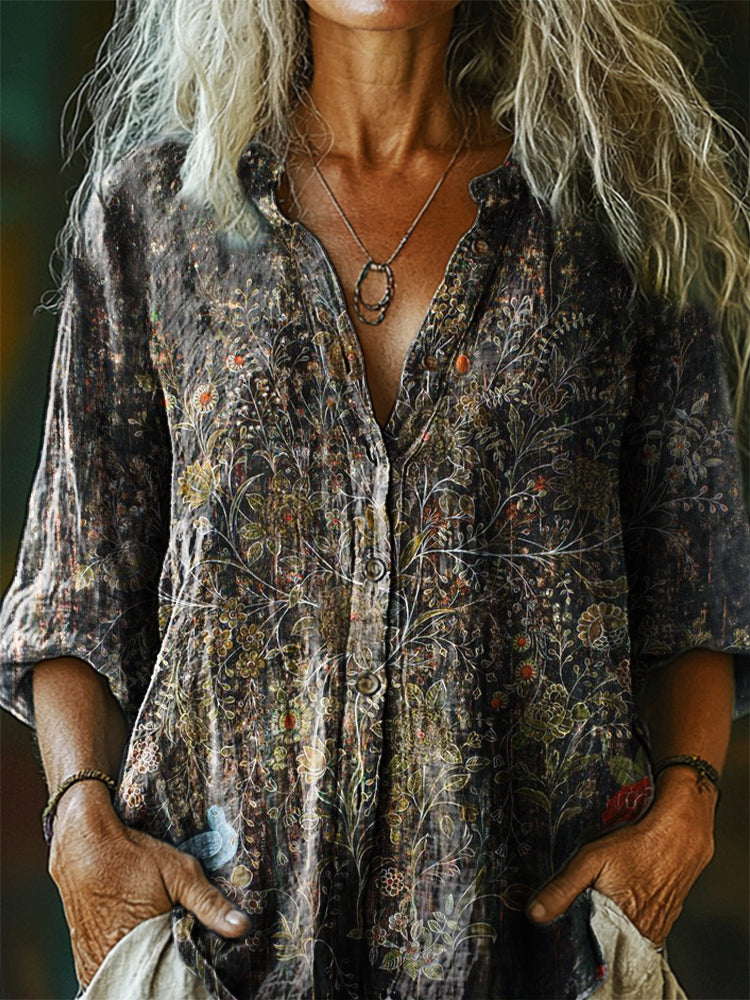 Women's Vintage Ethnic Floral Art Print Casual Cotton Linen Shirt