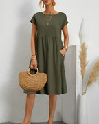 Cotton Gathered Waist Pocket Dress