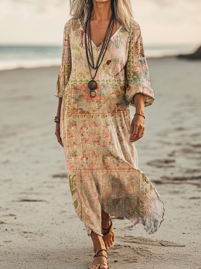 Women's Vintage Floral Pattern Art Print Pocket Cotton Dresses