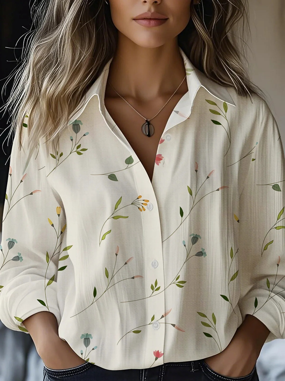 Women's Flower Art Print Casual Cotton Shirt