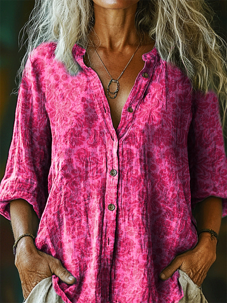 Women's Vintage Ethnic Floral Art Print Casual Cotton Linen Shirt