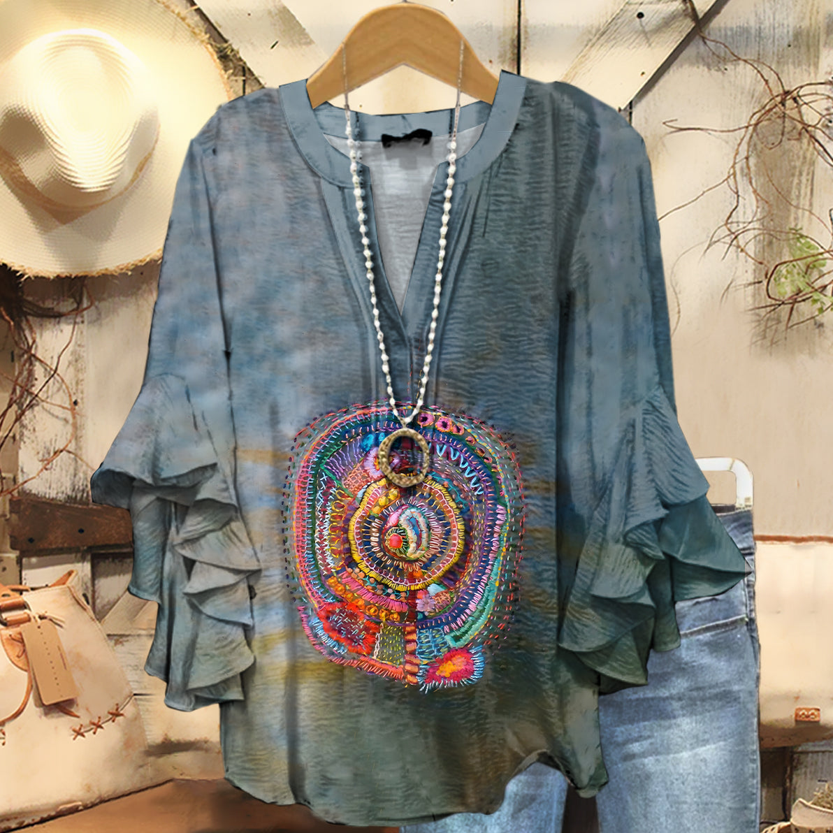 Women's Vintage Patchwork Art Print Casual Cotton And Linen Shirt