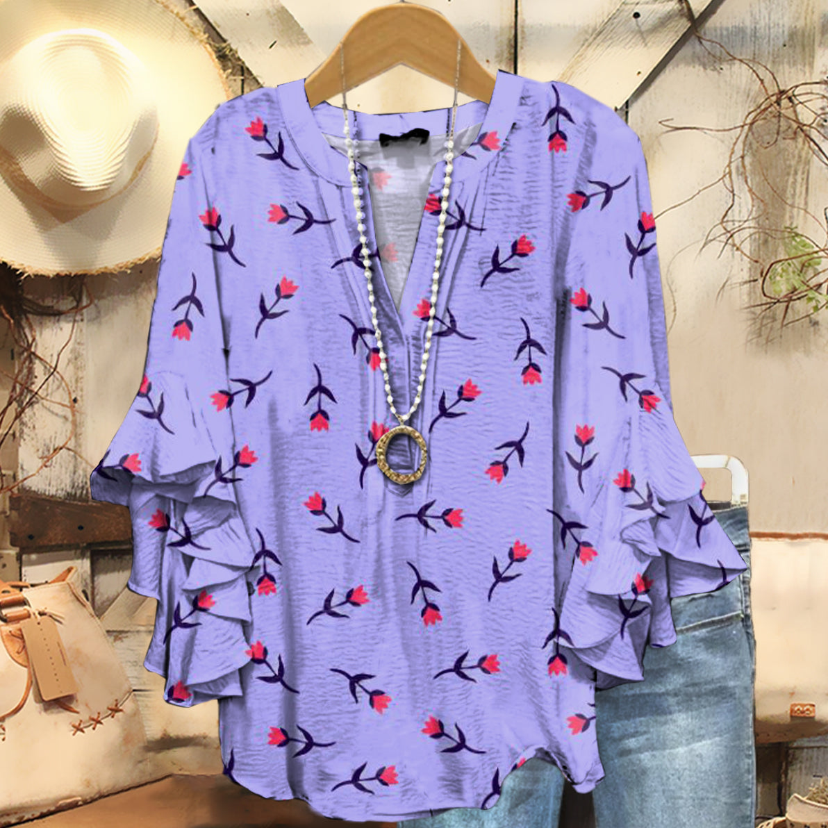 Women's Vintage Floral Art Print Casual Cotton And Linen Shirt