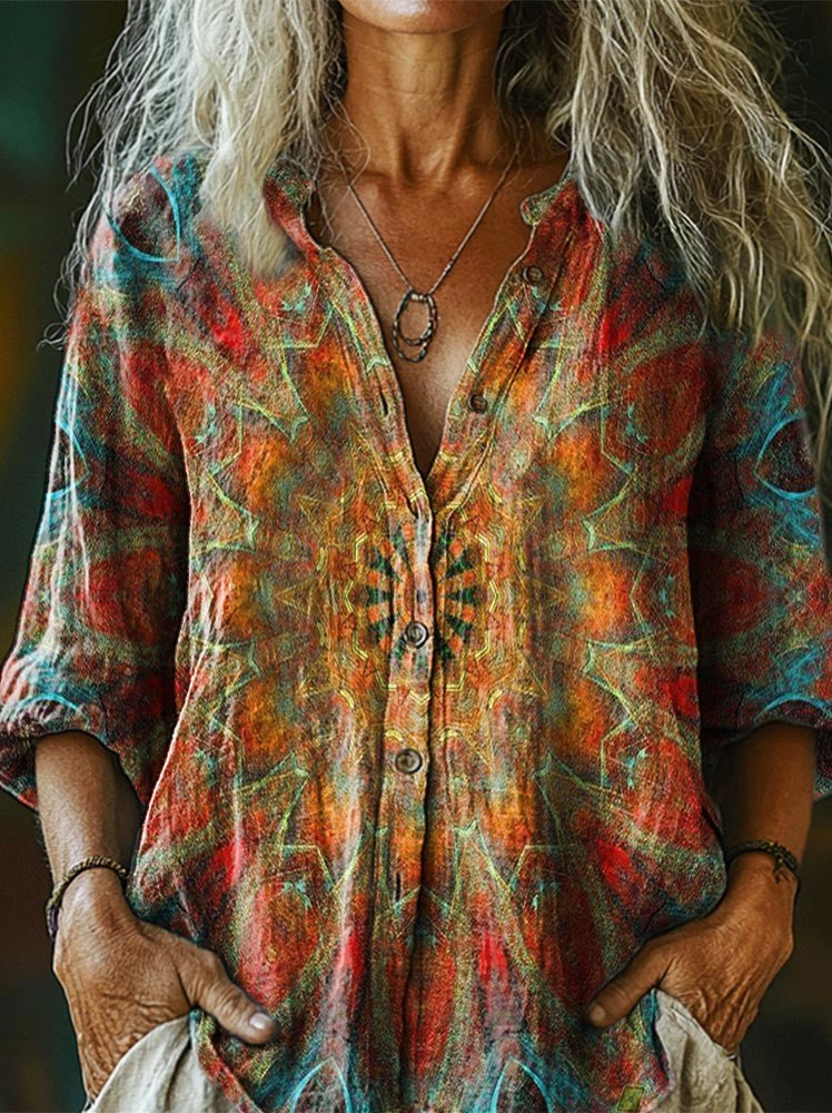 Retro kaleidoscope pattern Print Women's Print Casual Cotton Linen Shi