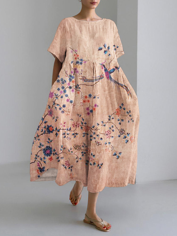 Vintage Floral & Bird Pattern Women's Linen Long Dress