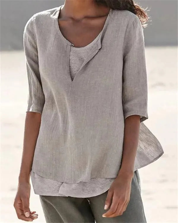 Linen V Neck Layered Top With 34 Sleeves