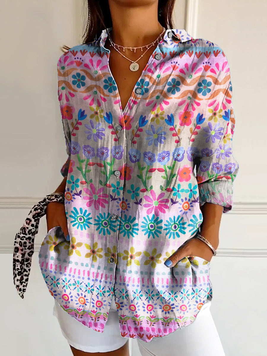 Women's Bohemian Watercolor Floral Art Print Casual Cotton Shirt