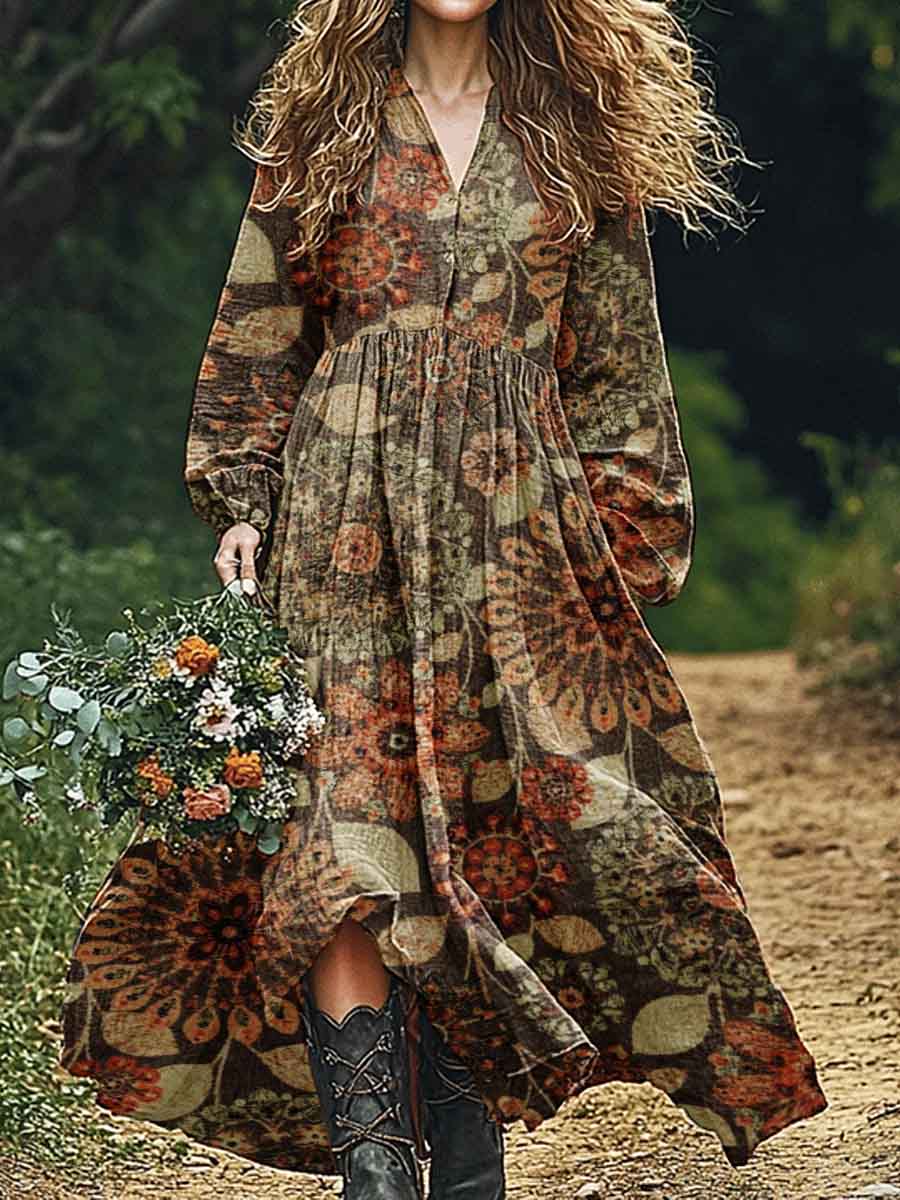 Women's Vintage Art Floral Pattern Cotton And Linen Dress