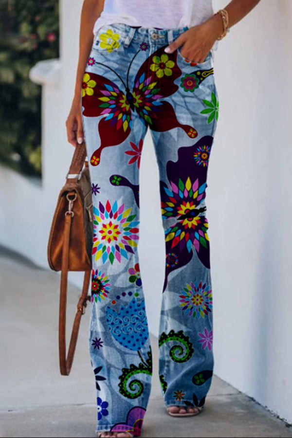 Printed Faux High Rise Flare Pants