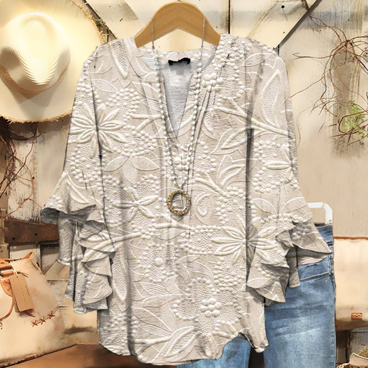 Women's Vintage Floral Texture Art Print Casual Cotton Shirt