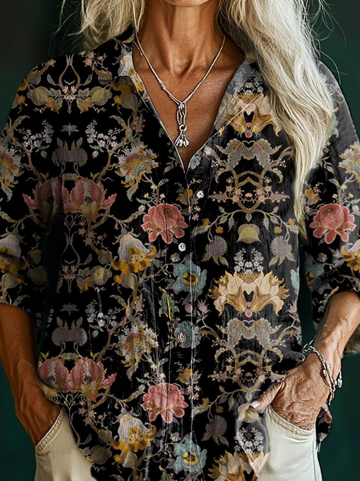 Women's Vintage Ethnic Floral Tattoo Pattern Art Print Casual Cotton S