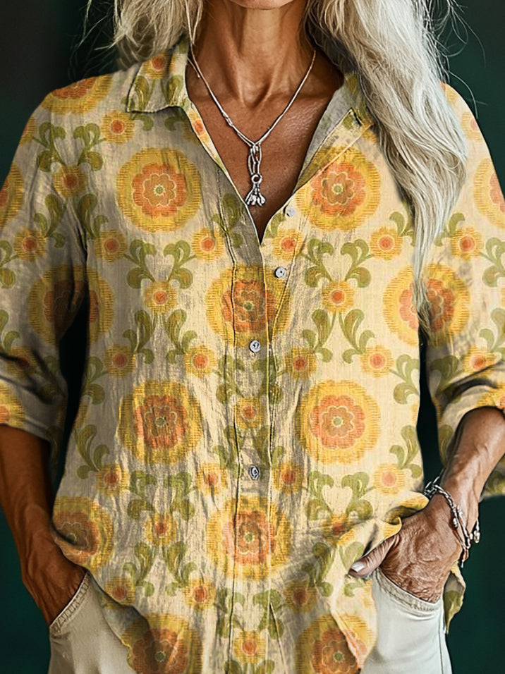 Women's Vintage Boho Floral Art Pattern Print Casual Cotton Shirt
