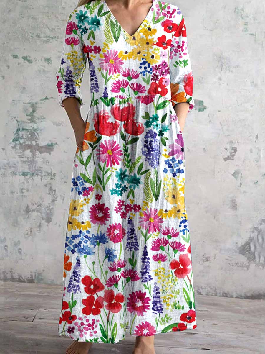 Women's V-Neck Watercolor Floral Pattern Cotton And Linen Dress