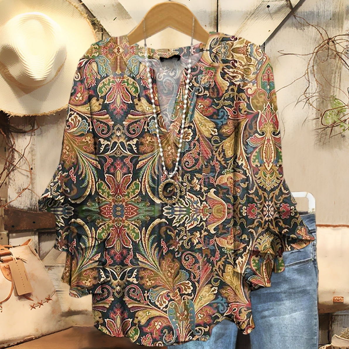 Women's Retro Ethnic Totem Art Pattern Print Casual Cotton Shirt