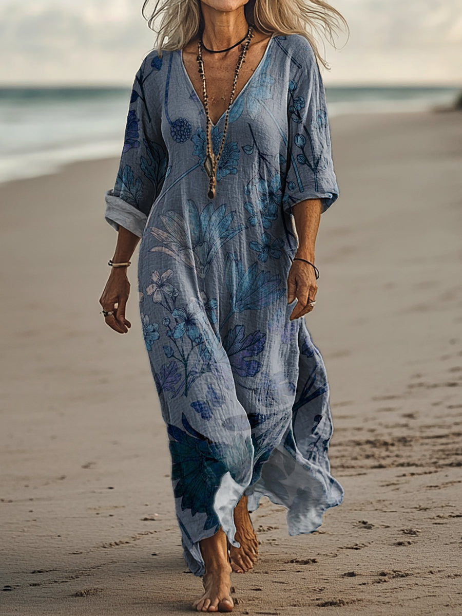 Women's Vintage Floral Art Print Pocket Cotton Dress