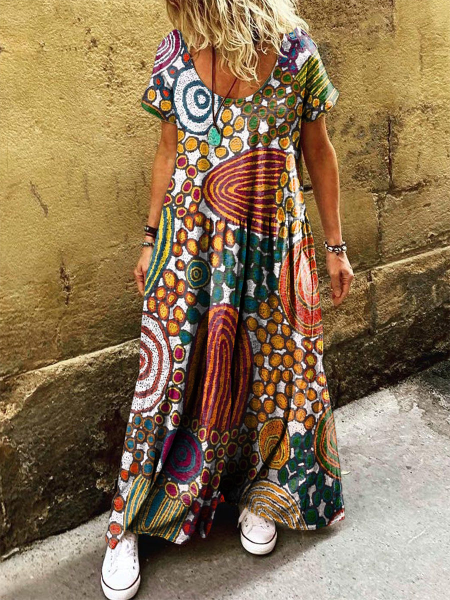 Women's Retro Folk Art Print Pocket Short Sleeve Cotton Dress