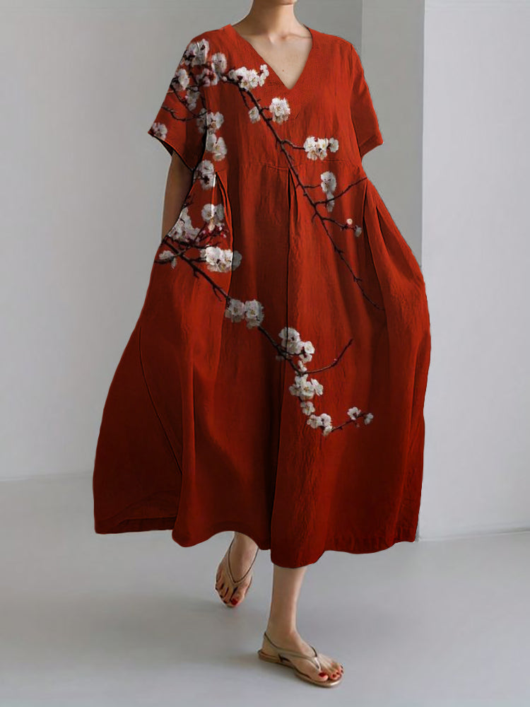 Classy Cherry Blossom Blooming Linen Blend Maxi Dress