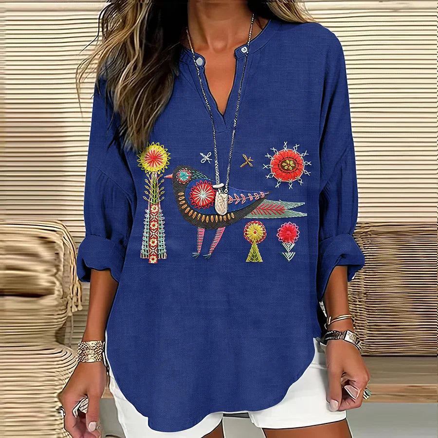 Folk Bird Embroidered Tunic Blouse