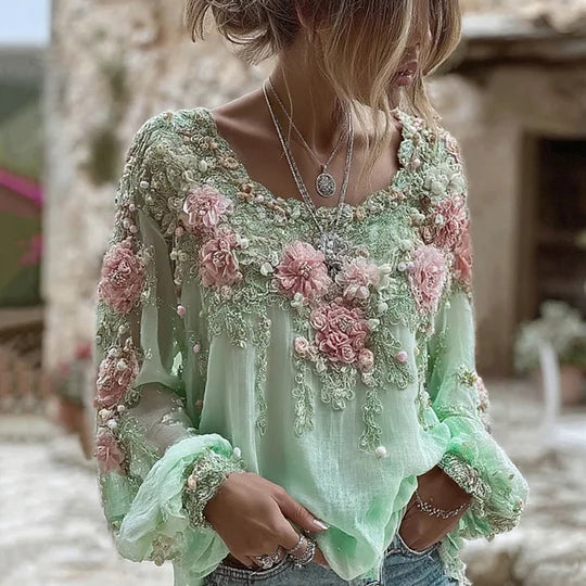 3D Floral Lace Applique Blouse