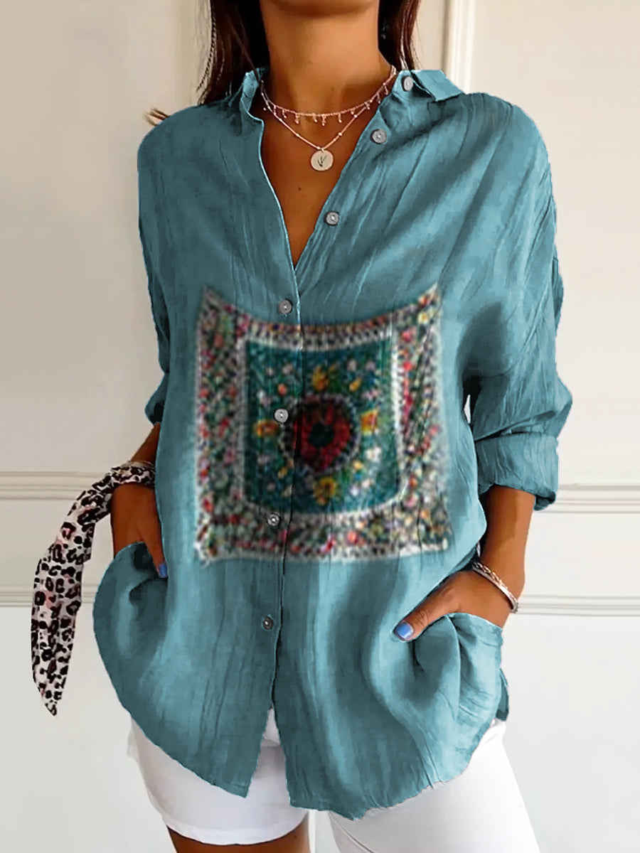 Women's Vintage Ethnic Floral Art Print Casual Cotton Shirt