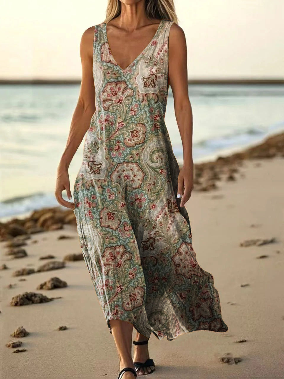 Women's Retro Paisley Floral Art Print Pocket Cotton Dress