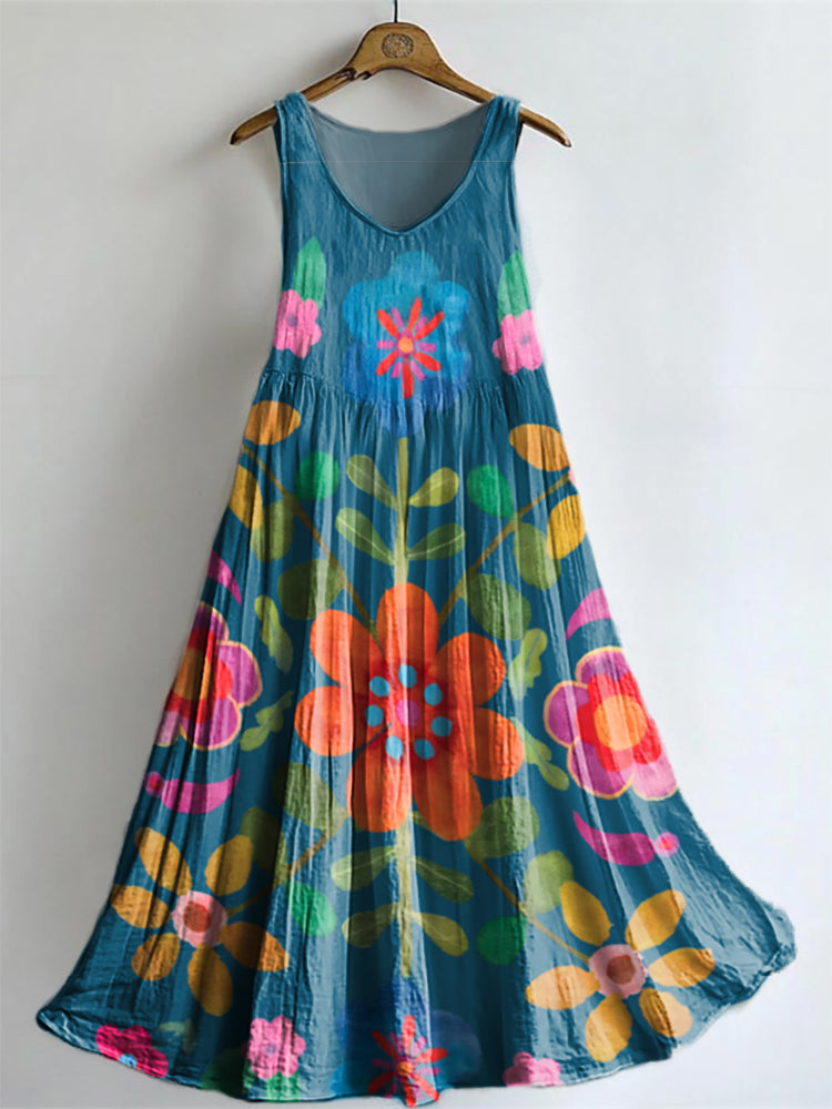 Women's Bohemian Floral Art Print Sleeveless Cotton Pocket Dress