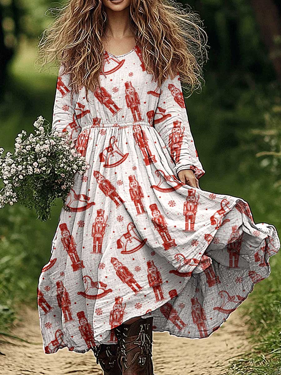 Women's Christmas Tree Pattern Cotton and Linen Dress