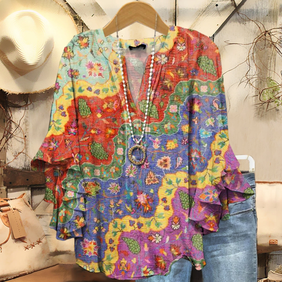 Women's Boho Floral Collage Art Pattern Print Casual Cotton And Linen