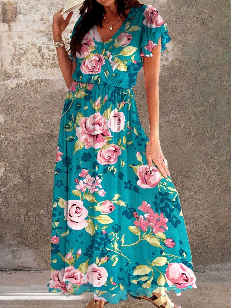 Women's Elegant Vintage Rose Floral Pattern Dress