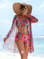 Floral Tie-Front Set with Kimono