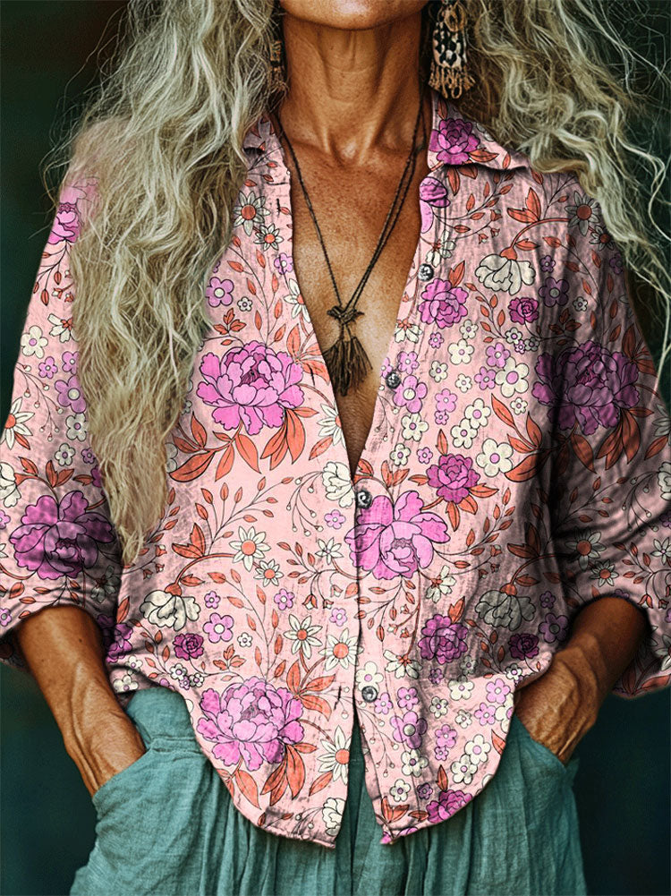 Women's Hippie Art Floral Print V-Neck Shirt