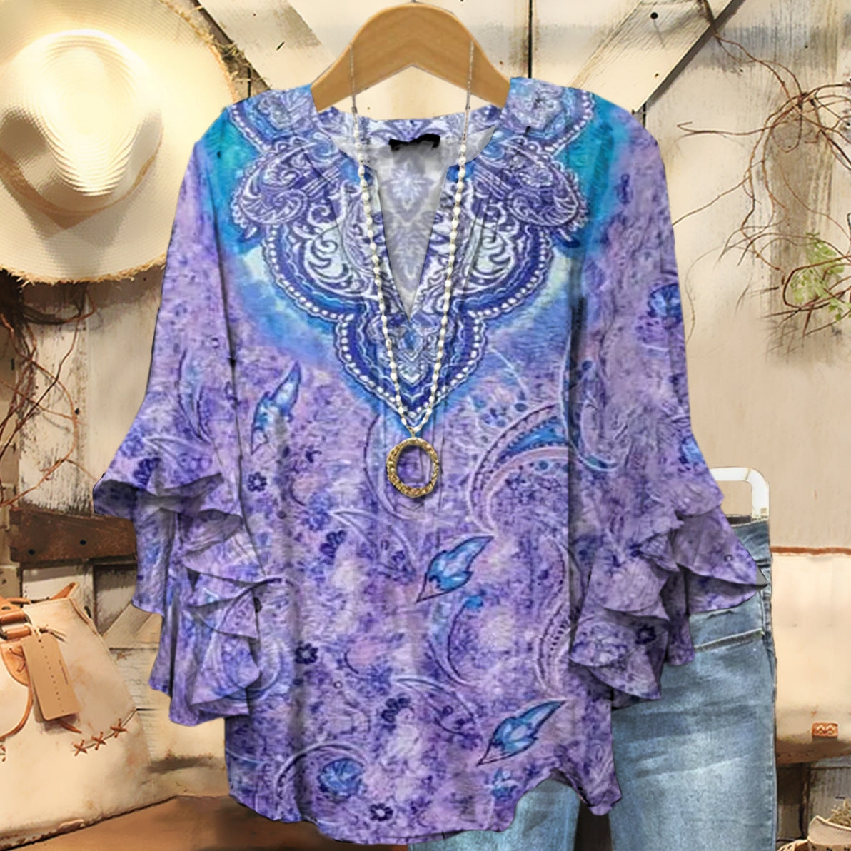 Women's Ethnic Floral Art Print Casual Ruffle Sleeve Top